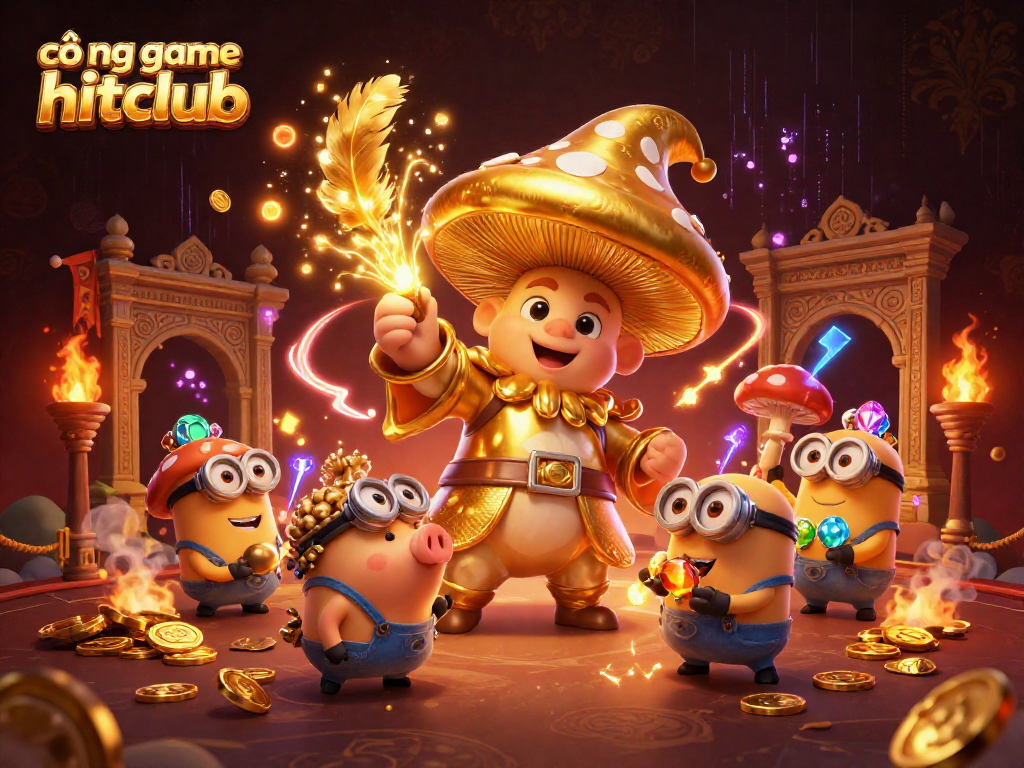 Experience the magic of cổng game hitclub with a golden mushroom wizard capturing treasures in a vibrant casino world.