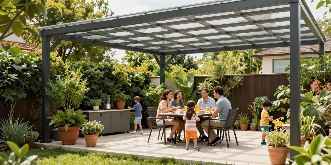 Familie genießt Zeit auf einer Terrasse mit stilvollen Terrassenüberdachungen und angrenzenden Pflanzen.