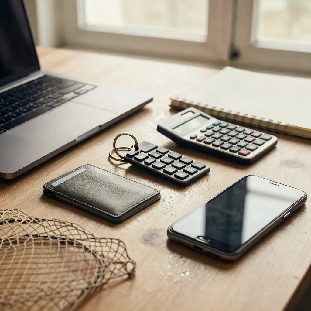 Diagonale Anordnung von Laptop, Schlüsseln, Kartenetui, Rechner, Smartphone, Netz und Heft auf Holztisch.