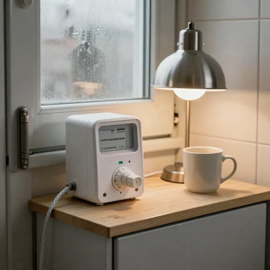 Hauswirtschaftsraum mit Stromzählerkasten, Steckdosenleiste, Lampe und Keramikbecher im kalten Licht