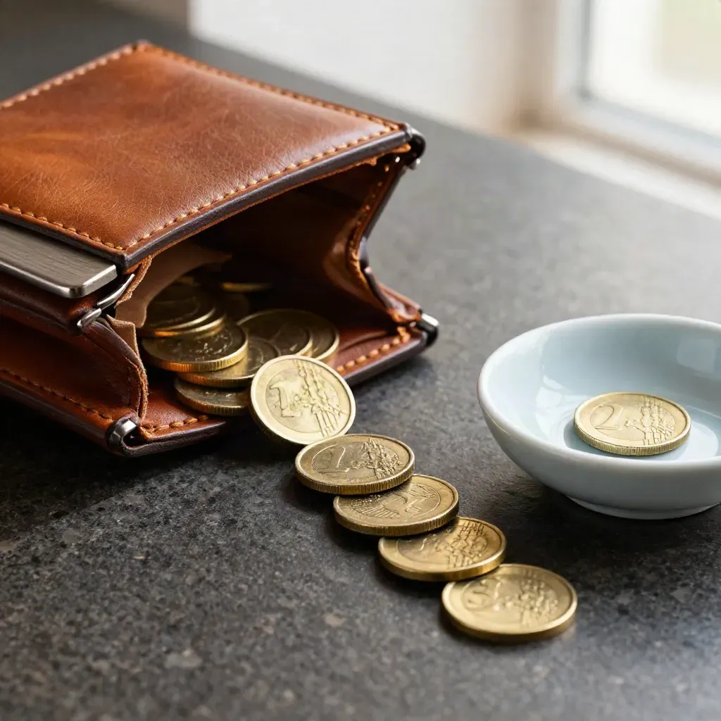 Geöffnete Geldbörse mit rollenden Münzen, Kartenhalter und Keramikschale auf dunklem Stein.