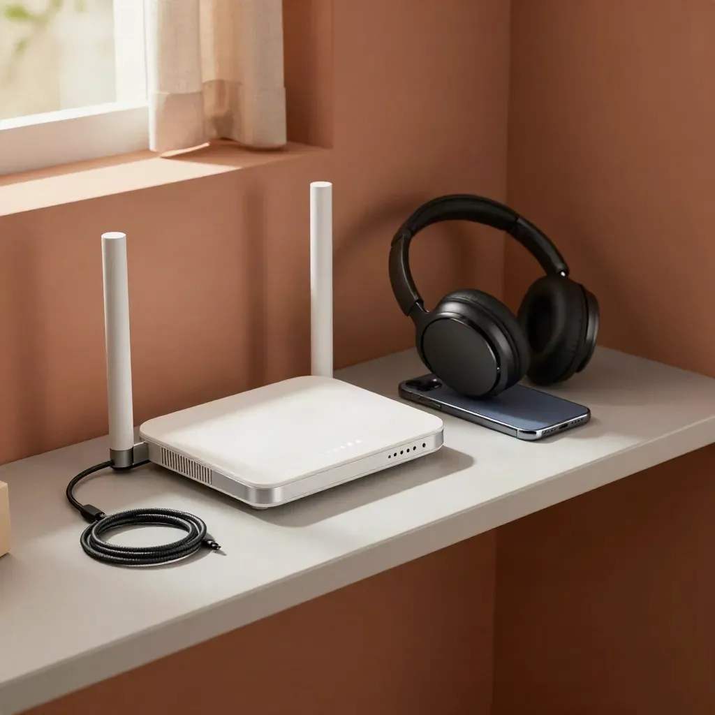 WLAN-Router, Smartphone, Kopfhörer und ordentliches Kabel auf einem Regal im warmen Licht