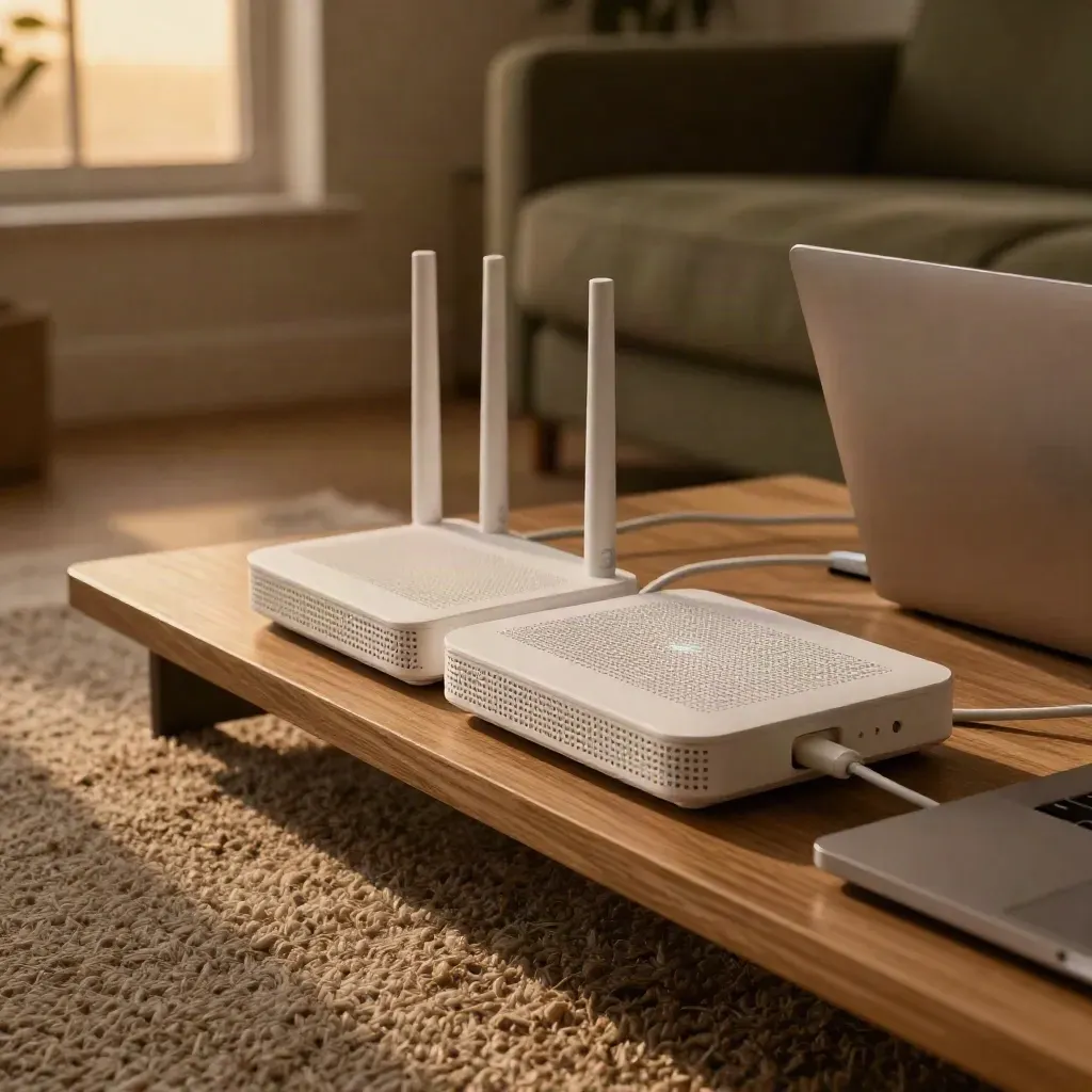 WLAN-Router, Mesh-Einheit und Laptop auf Regal im Wohnzimmer, warmes Abendlicht.