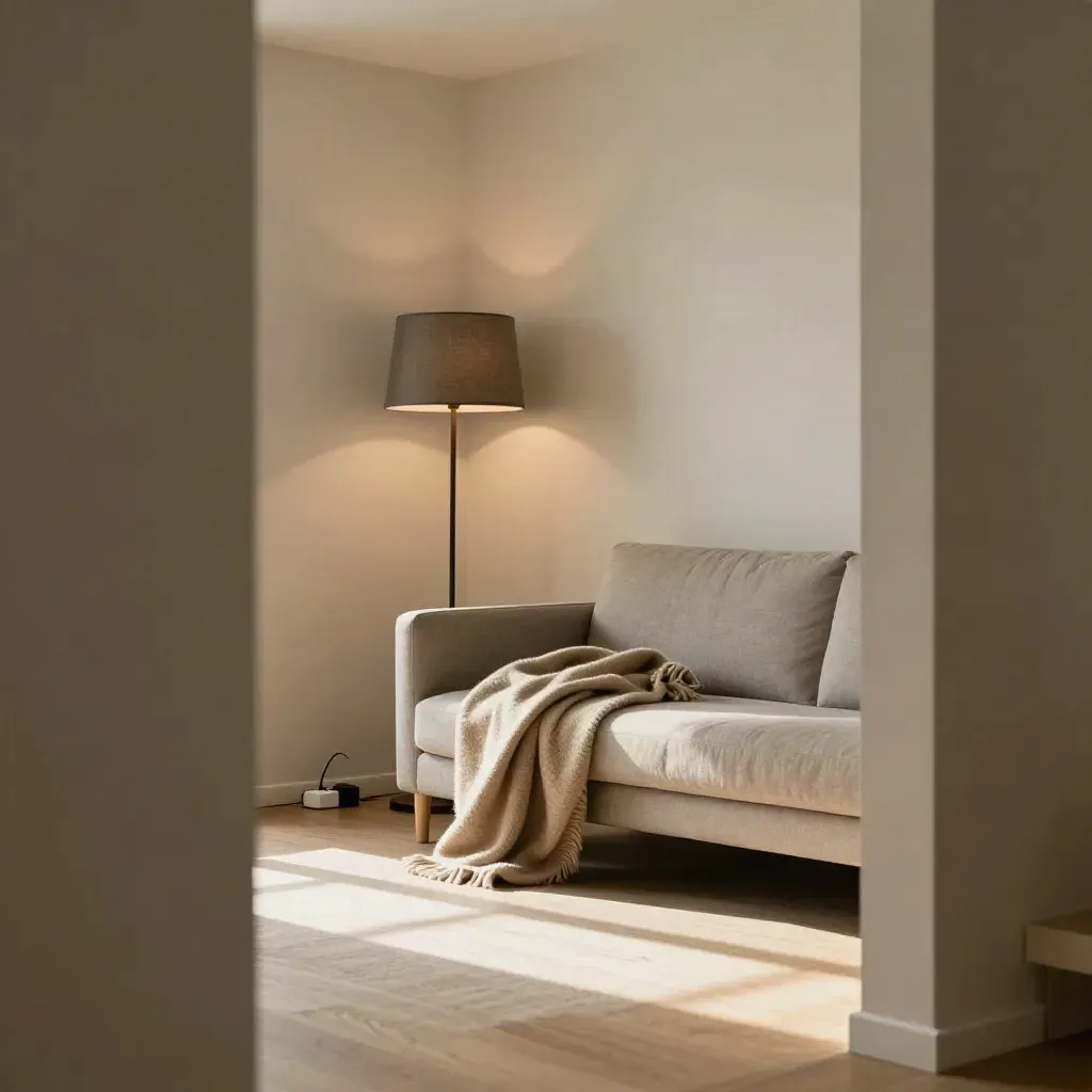 Wohnzimmerecke mit Stehlampe, Wolldecke, Sofaarm und Steckdosenleiste im Winterlicht