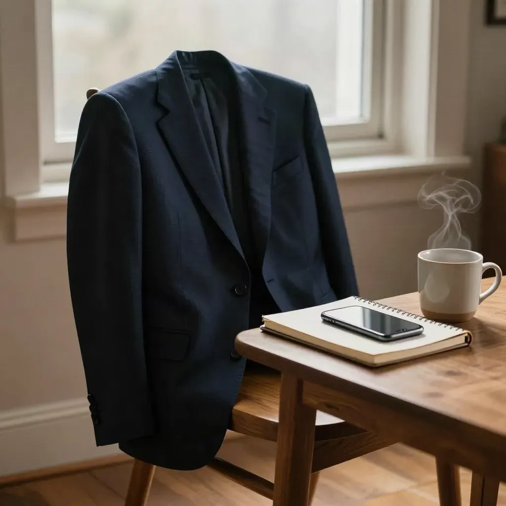 Blazer über Stuhllehne, Notizbuch, Smartphone und Tasse an einem ruhigen Bewerbungsplatz.