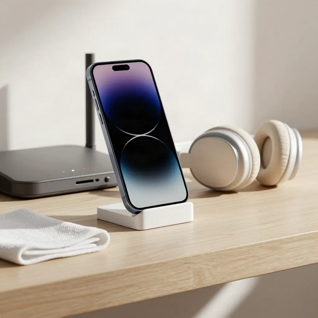 Smartphone auf Ständer neben Router, Kopfhörern und Mikrofasertuch auf hellem Holz.