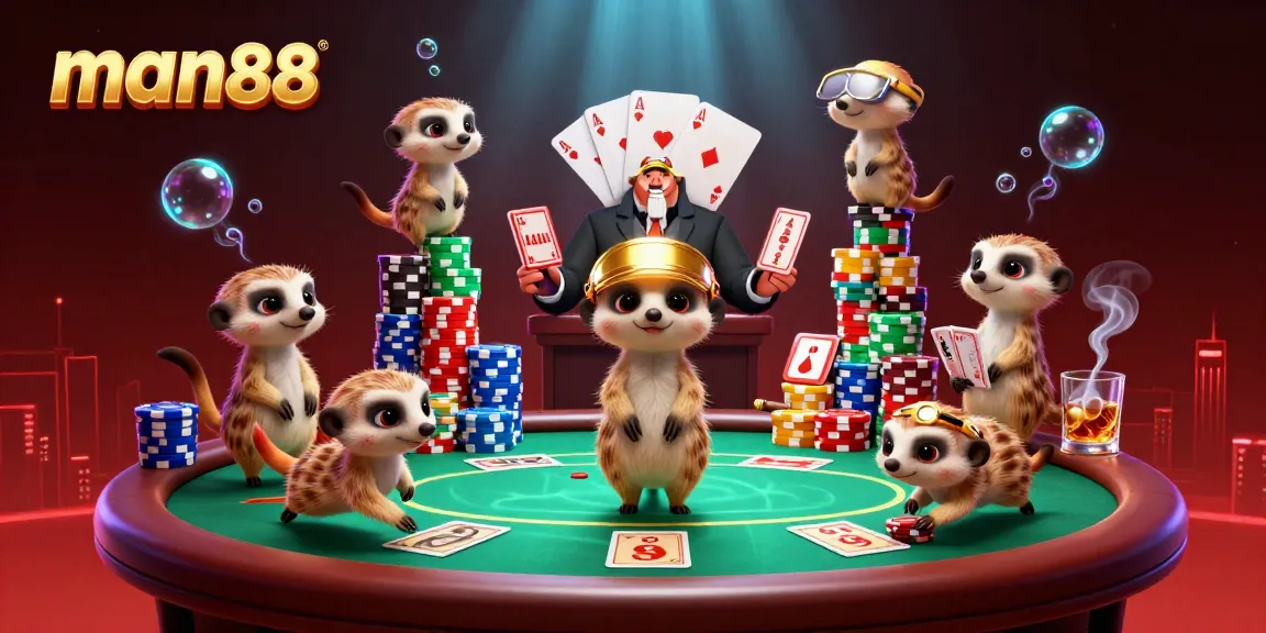 Experience the excitement of man88 with meerkats managing a lively poker operation in a vibrant casino.