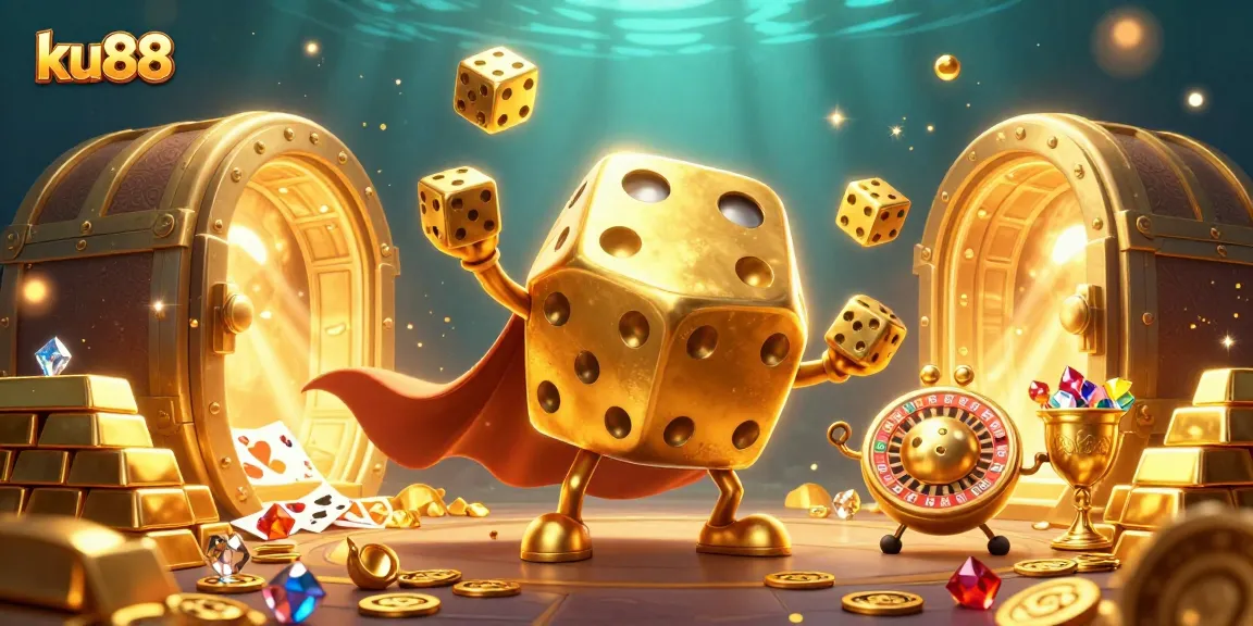 ku88 showcases a vibrant, dynamic casino scene with a golden dice golem and sparkling treasures.
