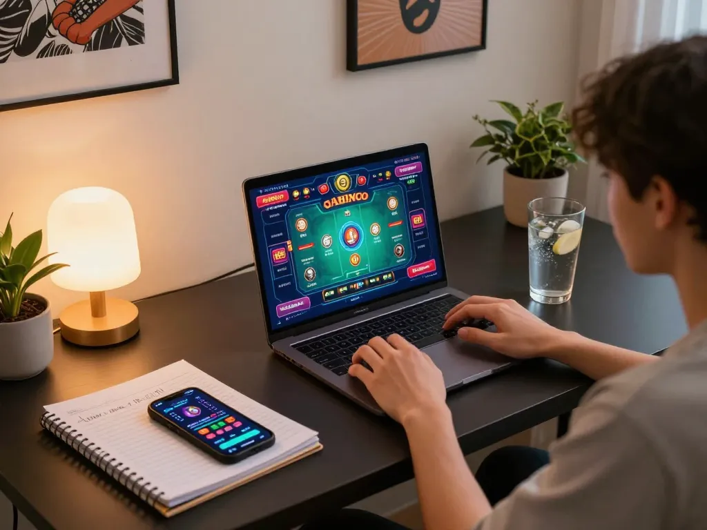 Engaged player exploring thrilling games on ee88go platform from a cozy home setup.