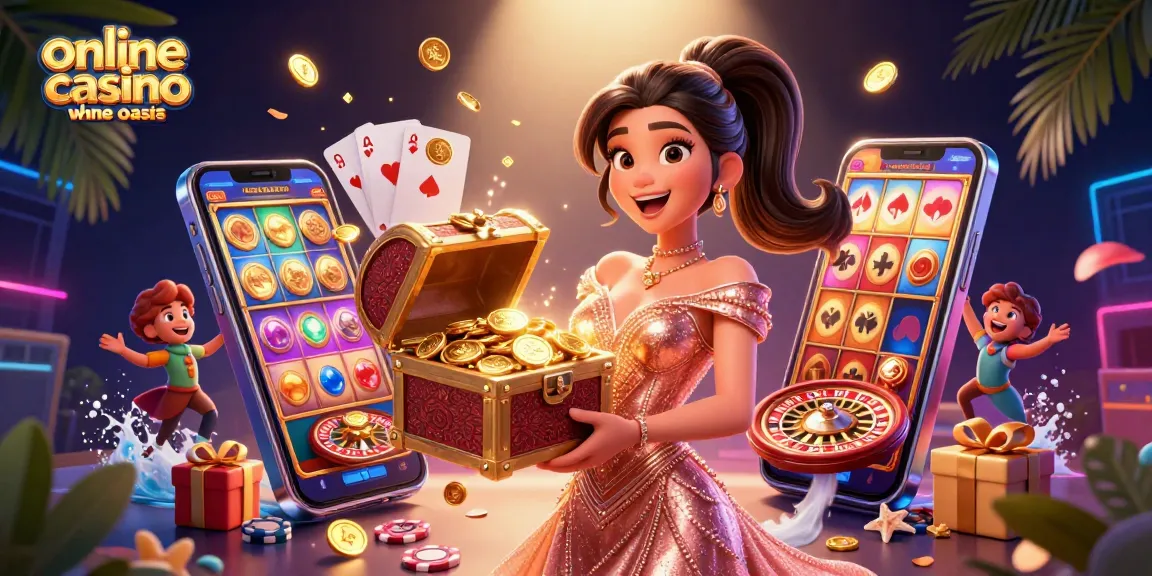 Experience the excitement of online casino ohne oasis with a stunning treasure chest, games, and vibrant energy.