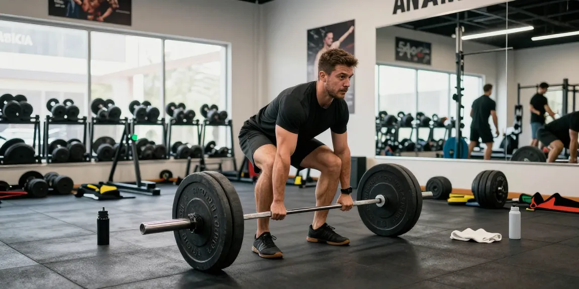 Anabolika kaufen für Muskelaufbau im Fitnessstudio, aktiver Mann beim Deadlift mit Hanteln.