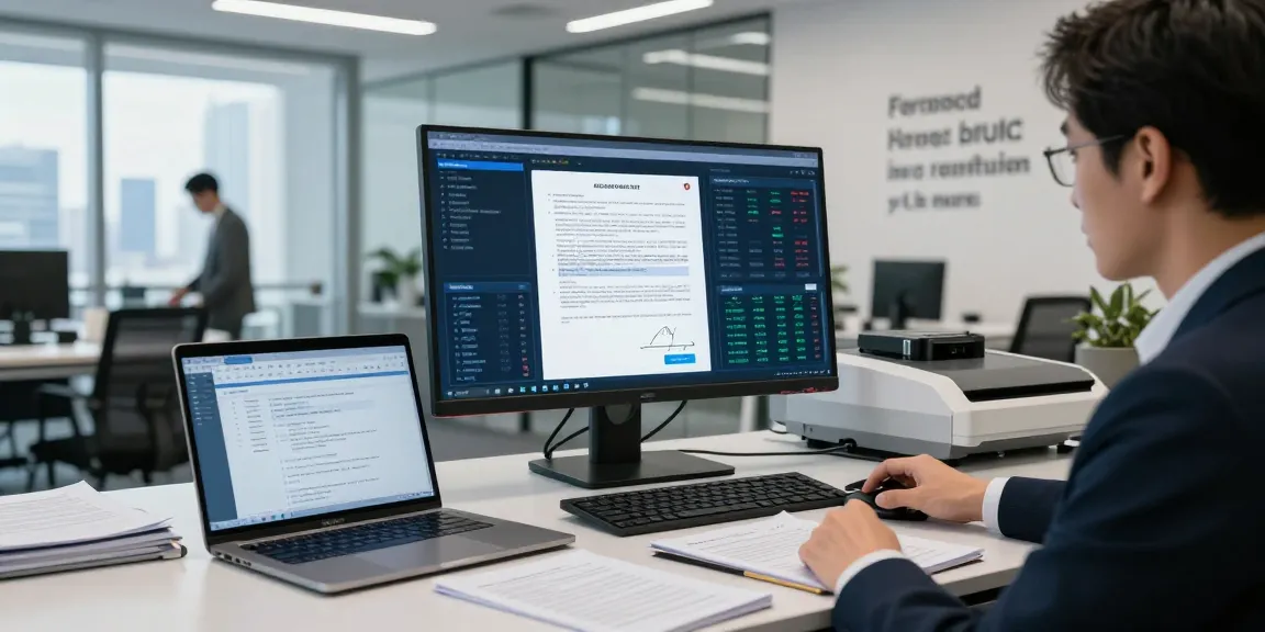 Document fraud detection analysis in a modern office environment with expert reviewing visual data and reports.