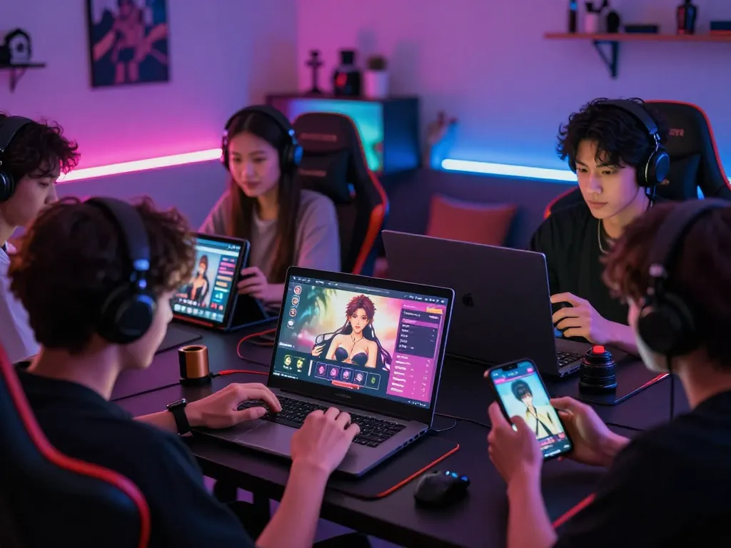 Group enjoying an online porn game session on various devices in a vibrant gaming room.