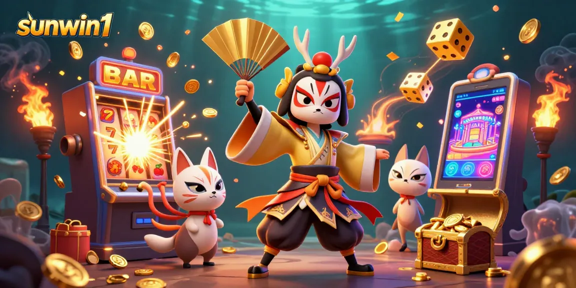 Engage with sunwin1's vibrant 3D casino illustration featuring a kabuki warrior and slot machine.
