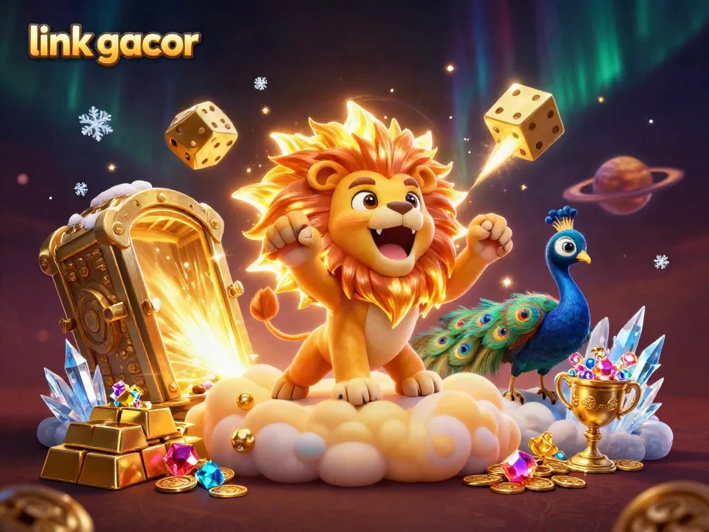Experience thrilling wins with link gacor as the cartoon sun lion roars amidst golden treasures in a vibrant casino scene.