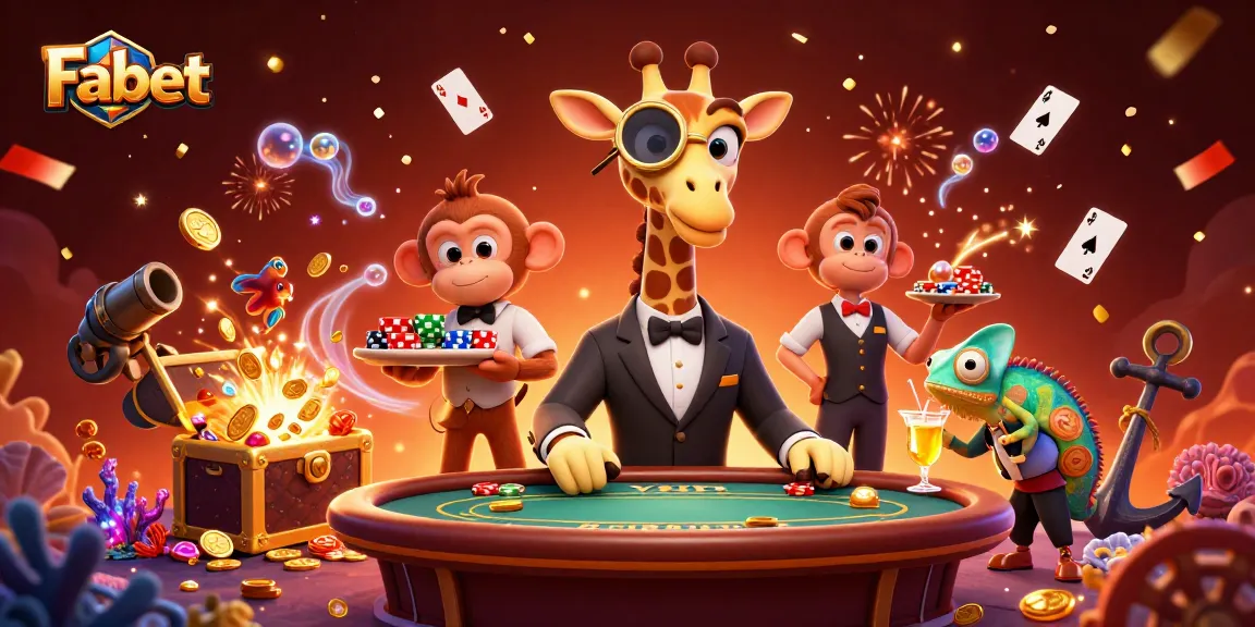 Experience Fabet's thrilling poker scene with a high-roller giraffe, monkey valet, and chameleon bartender.