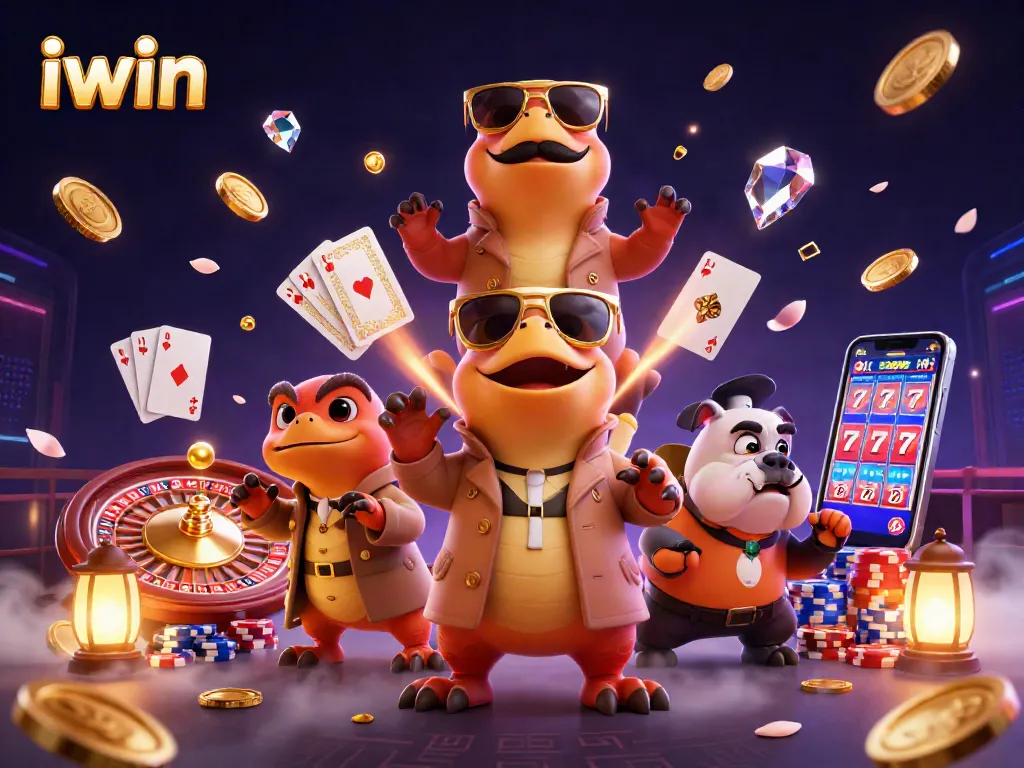 iwin characters sneak into a VIP casino lounge surrounded by golden coins and vibrant game elements