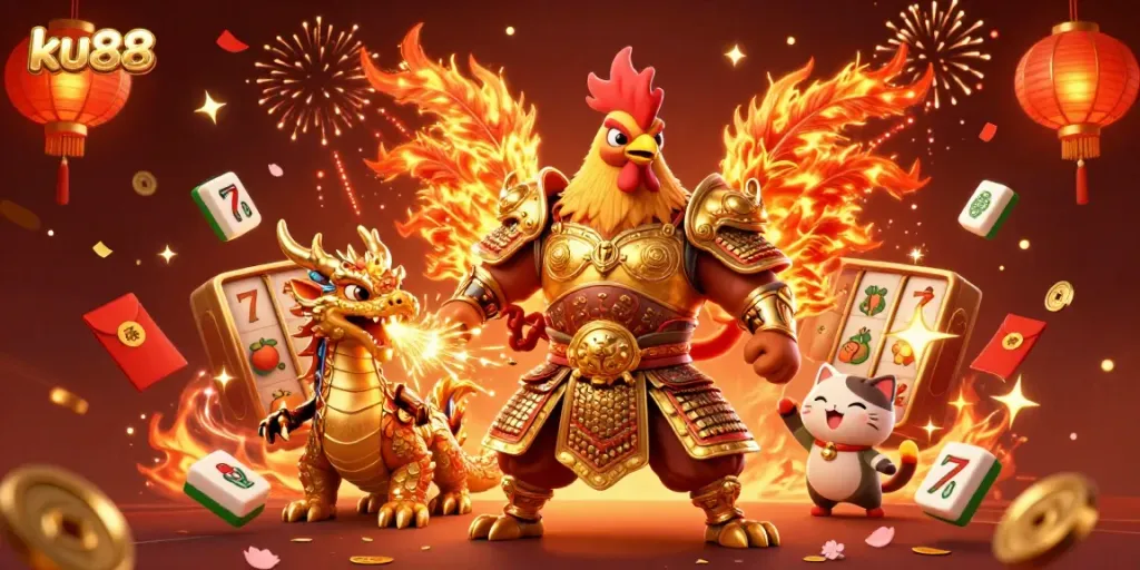 Experience thrilling gaming with ku88's dynamic characters, celebrating casino excitement in 3D.