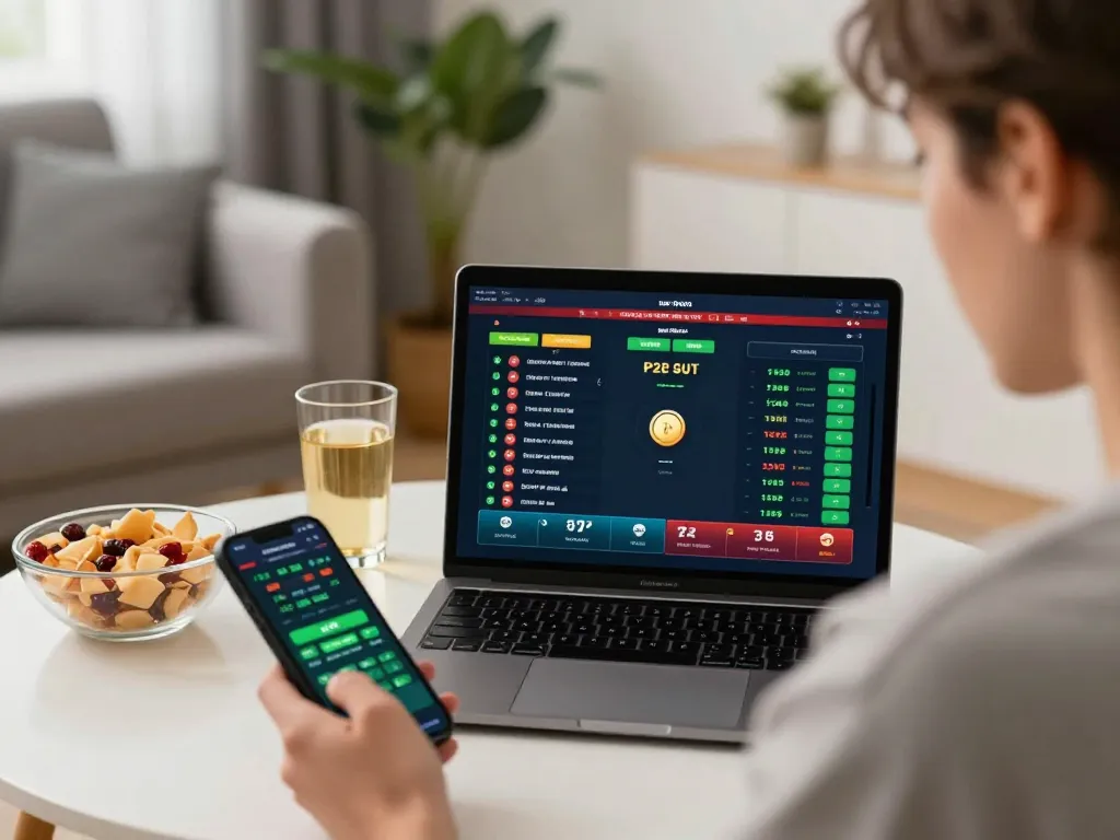 Person utilizing dagago app for sports betting during a cozy home session.
