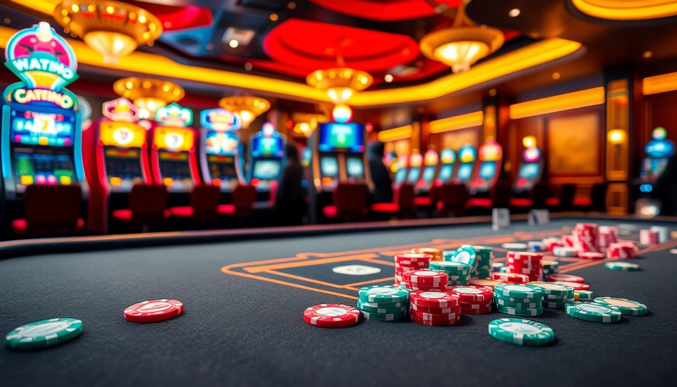 Erleben Sie die spannenden casinospielen an einem lebhaften Spieltisch mit bunten Chips und Karten.