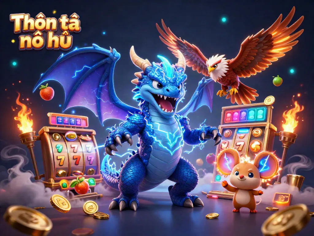 Experience Thần tài nổ hũ with dynamic slot reels and vibrant game elements in this captivating 3D scene.