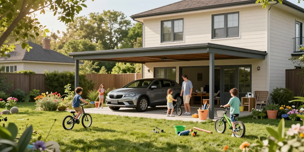 Stylischer Carport bietet Schutz für das Familienauto in einem sonnigen Garten.