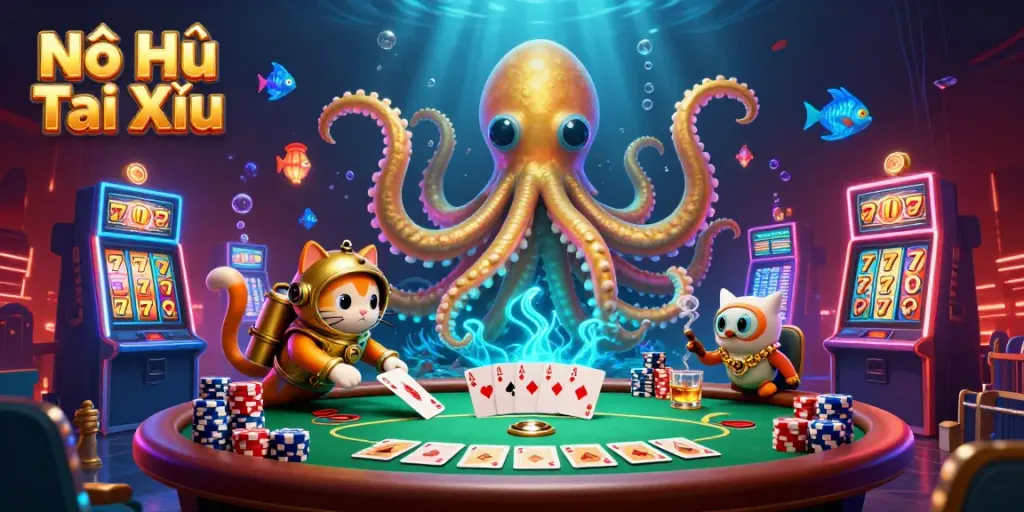Engaging Nổ Hũ Tài Xỉu scene showcasing a kraken, diving cat, and jackpot elements.