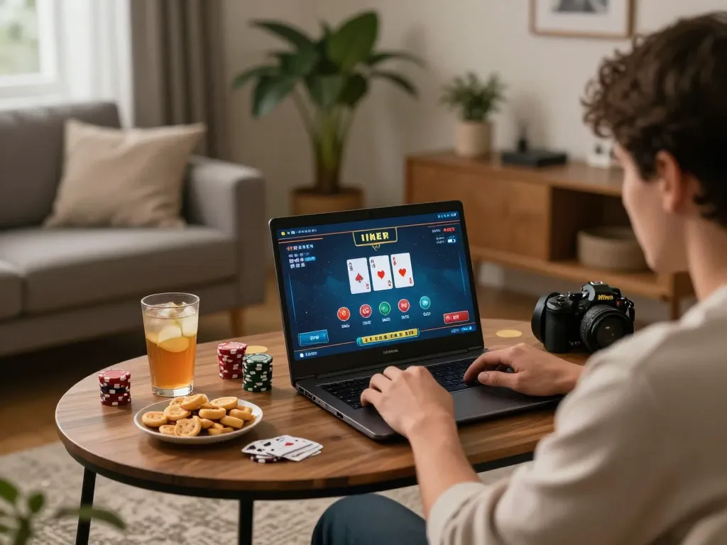 Play poker online with 789win on a laptop, showcasing an engaging home gaming setup with snacks and ambient lighting