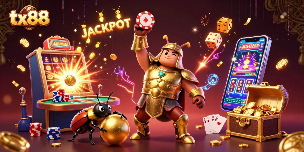 tx88 casino illustration with beetles celebrating a jackpot at a vibrant poker table.