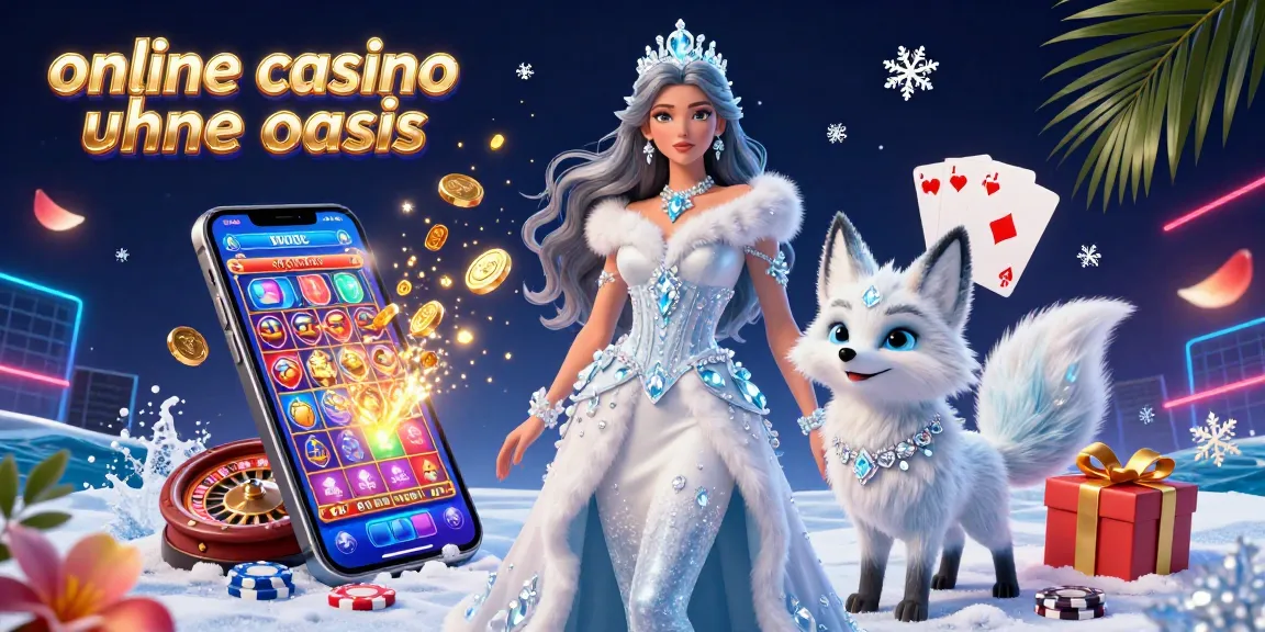 Experience the excitement of online casino ohne oasis with a magical scene of a lady in an ice-themed gown and her arctic fox surrounded by vibrant gaming elements.