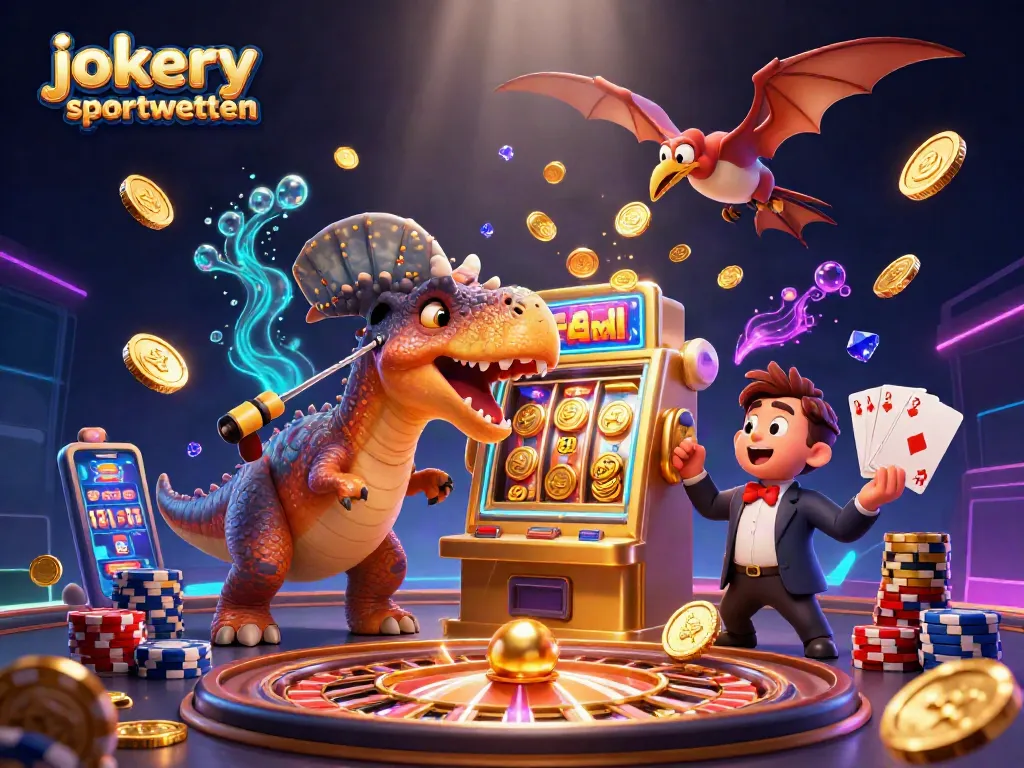 Engage in thrilling jokery sportwetten as a pachycephalosaurus wins a jackpot amidst cascading coins.