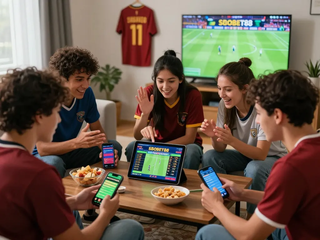 Diverse group enjoying SBOBET88 online betting, focused on tablet during sports match.
