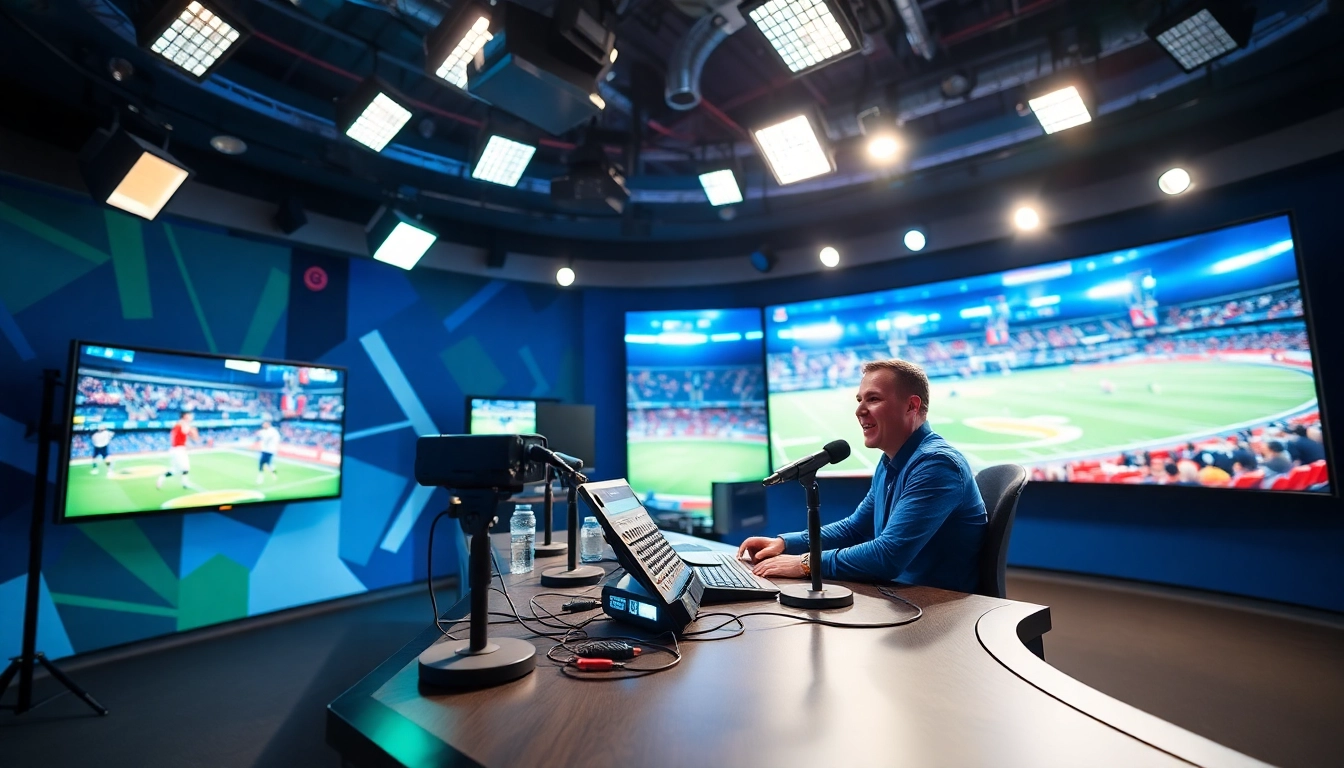 Dynamic sports broadcasting scene with a commentator and live game graphics.