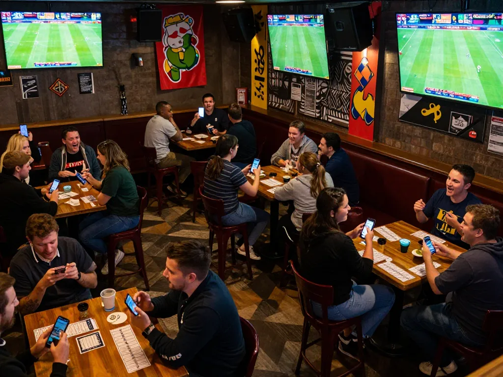 Patrons engaging in tỷ lệ bóng đá kèo nhà cái while watching live football matches in a lively sports bar.