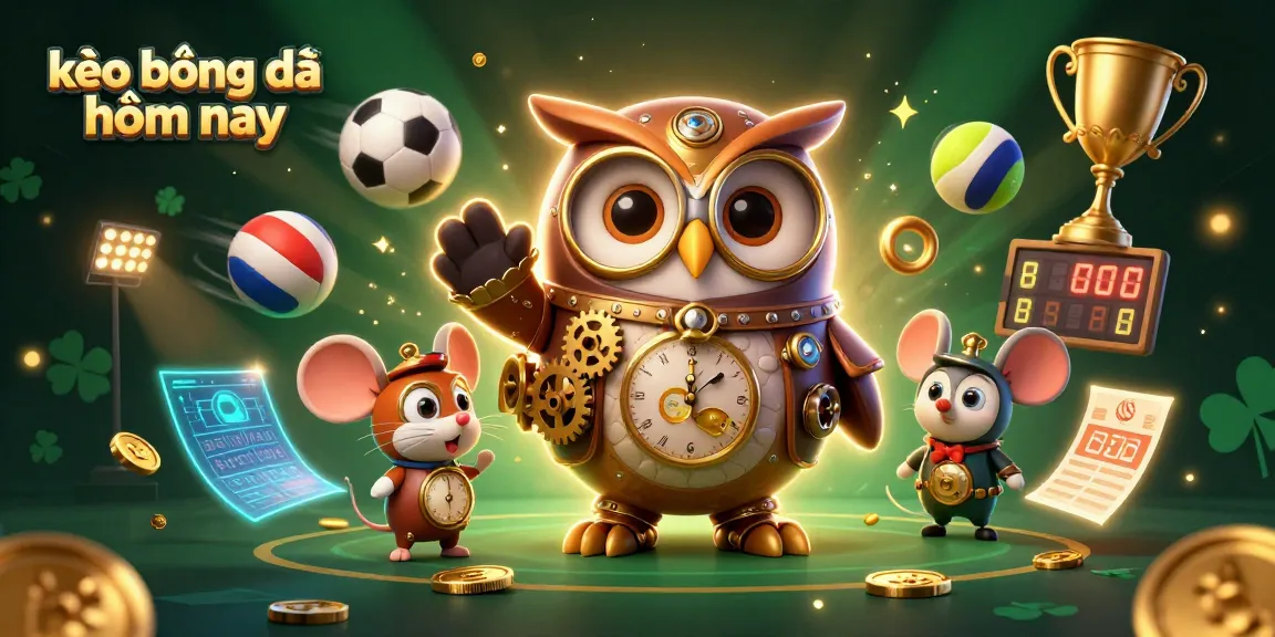 Kèo bóng đá hôm nay illustrated with a time-traveler owl and sports elements representing dynamic betting action.