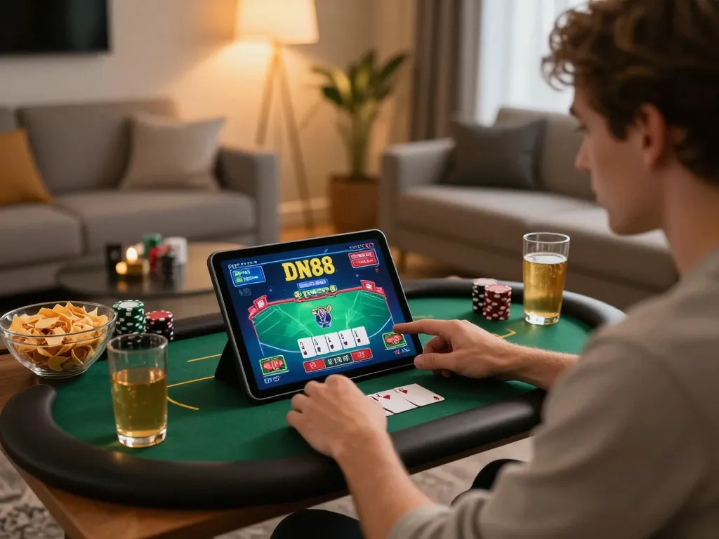 Player enjoying dn88 online poker game on tablet in a cozy living room