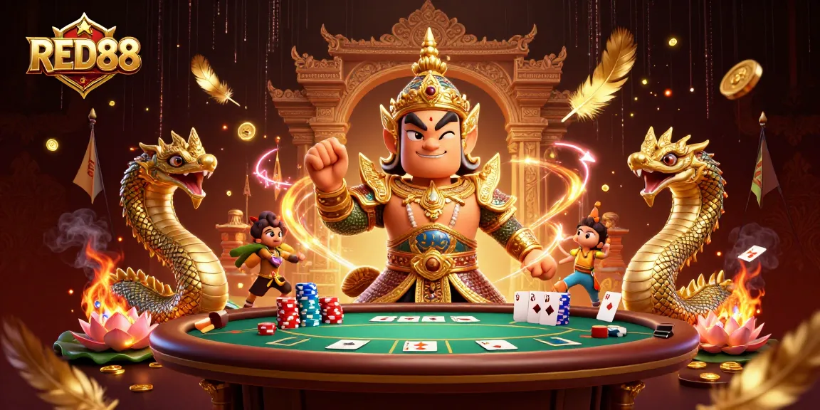 Engage in exciting RED88 poker gameplay with vibrant Asian-inspired visuals and dynamic elements.