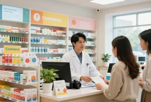Im Selliza Pharma Shop berät ein Apotheker einen Kunden über gesundheitsfördernde Produkte und Medikamente.