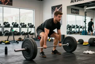Anabolika kaufen für Muskelaufbau im Fitnessstudio, aktiver Mann beim Deadlift mit Hanteln.